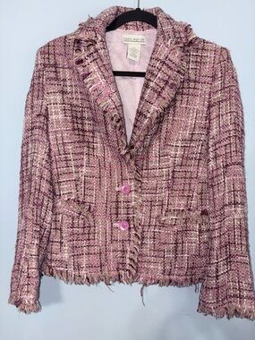 Vintage Laura Leigh Ltd. Y2k Pink Silk Blend Tweed Fringe Blazer Jacket 10